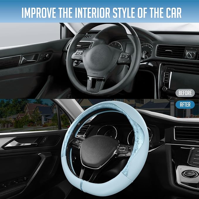PIC AUTO Steering Wheel Cover, Light Blue Patterned Leather Patchwork Design, Universal Fit 14.5"–15.5" D-Shape Steering Cover, Soft PU Grain Leather, Durable Grip Car Accessory for Girls & Women