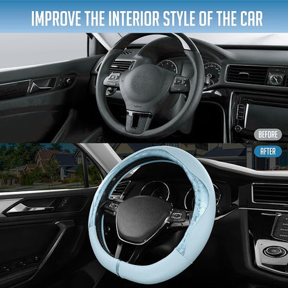 PIC AUTO Steering Wheel Cover, Light Blue Patterned Leather Patchwork Design, Universal Fit 14.5"–15.5" D-Shape Steering Cover, Soft PU Grain Leather, Durable Grip Car Accessory for Girls & Women