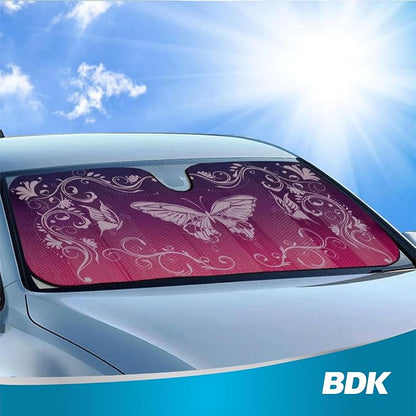 BDK Pink Butterfly Front Windshield Sunshade Accordion Folding Style Auto Shade for Cars Trucks SUVs Vans Blocks UV Rays Sun Visor Protector Easy Setup Keeps Your Vehicle Cool 58" x 27"