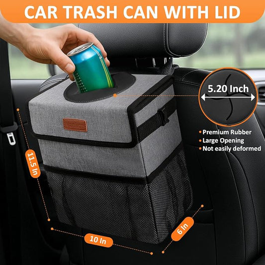 Vankor 3 Gallons Car Trash Can with Lid, Car Trash Bag Bin Hanging Waterproof Automotive Garbage Cans Leak Proof Vehicle Can Grey