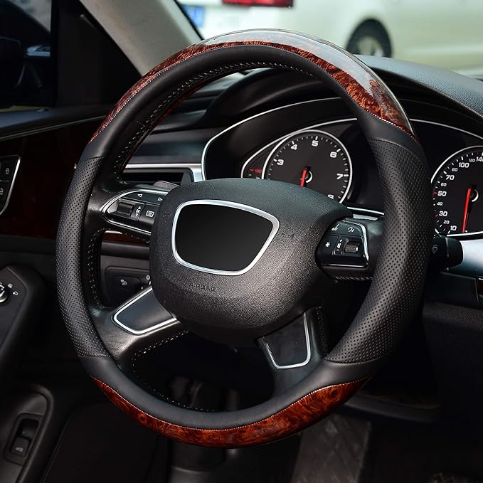 KAFEEK 16 inch Wood Grain Steering Wheel Cover, Compatible for F150 F250 F350 Ram 4Runner Tacoma Tundra Range Rover