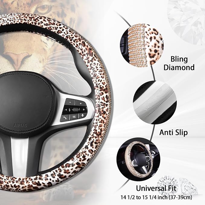 AUTOYOUTH Leopard Print Steering Wheel Cover - Bling Crystal Rhinestones Cheetah Print on PVC Leather Non-Slip Breathable Design for Women/Girls Universal Fit 14.5-15 Inch