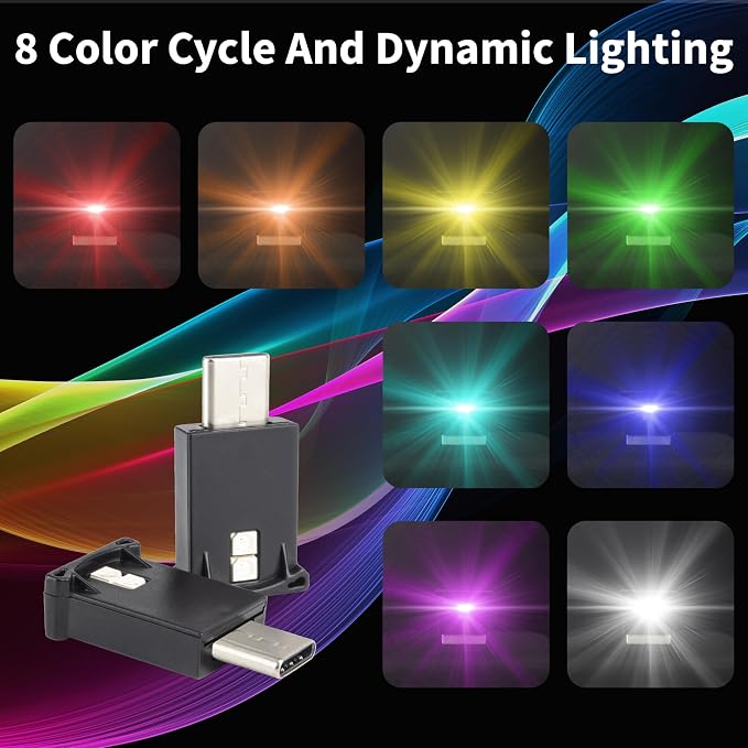 Mini USB LED Car Light, DC 5V Intelligent Interior Car Lights, Atmosphere Lamp for Car, Plug-in Interface, Suitable for Car, Laptop Keyboard, Home Office, Adjustable Brightness (Type C)