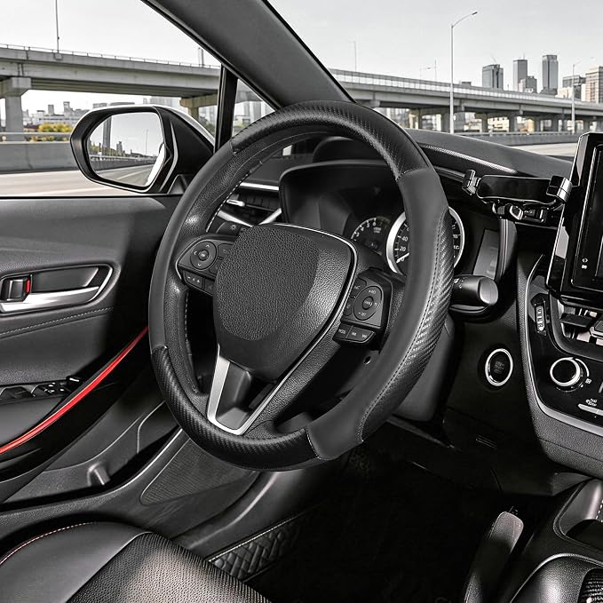 SEG Direct Car Steering Wheel Cover Small Size 14"-14 1/4" Black | For Model 3 Model Y Prius Civic Camaro Rogue, Non-Folding Packaging, Heavy duty, Microfiber Leather Carbon Fiber Pattern