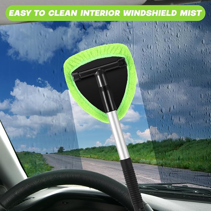 Baderke 10 Pcs Windshield Cleaner Tool Car Window Cleaning Supplies with Extendable Handle Include 6 Washable Microfiber Bonnets 2 Empty 60ml Spray Bottle Glass Wiper Kit (Green)