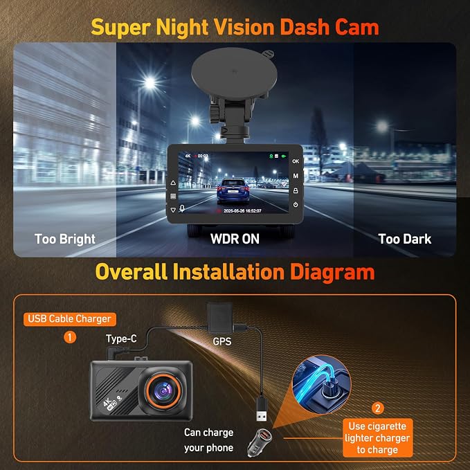 4K Dash Cam Front with AI(ADAS), Dash Camera for Cars Built-in 5.8G WiFi GPS, 3.2" IPS Screen Dash Cam with 24H Parking Monitor, G-Sensor,Night Vision,Loop Recording