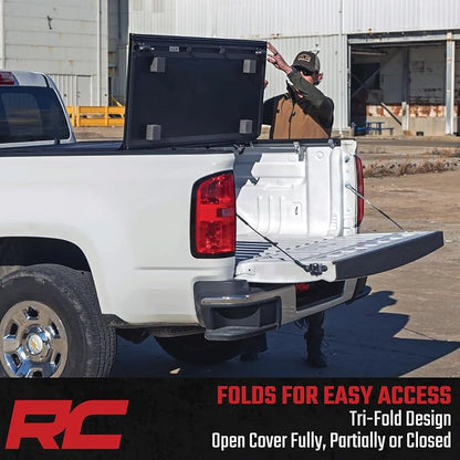 Rough Country Hard Low-Profile Tri-Fold Tonneau Cover for Chevy Colorado & GMC Canyon (2015-2026) - Low-Profile Aluminum Truck Bed Cover, Fits 6' Bed