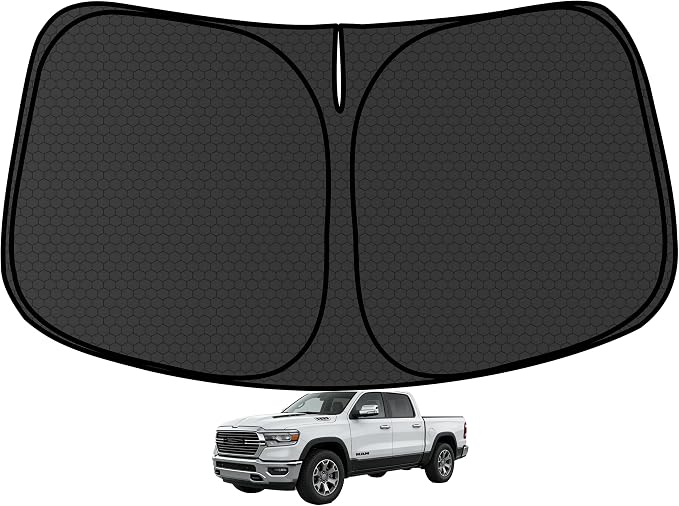 RAM1500 Customized Windshield Sun Shade for 2019-2026 RAM1500 2Dr RegularCab, 4Dr QuadCab, CrewCab, MegaCab Front Window Sunshade Visor Protector Foldable Blocks UV Rays Keep Car Cooler Accessories