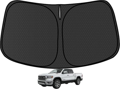 RAM1500 Customized Windshield Sun Shade for 2019-2026 RAM1500 2Dr RegularCab, 4Dr QuadCab, CrewCab, MegaCab Front Window Sunshade Visor Protector Foldable Blocks UV Rays Keep Car Cooler Accessories
