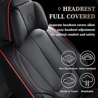 Coverado Universal Seat Covers Front, 2-Pack Universal Seat Covers for Cars, Waterproof Nappa Leather Car Seat Covers with Head Pillow, Auto Protectors Fit for Most Sedans Pick-up Truck-Black&Redline