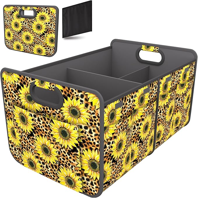 Homeve Car Trunk Organizer for SUV, 18.5Gal Large Capacity No-Sag Heavy Duty, Foldable Waterproof Anti-Slip Storage with 12 Pockets, Fit Sedan, Truck, Universal Car Accessories,Sunflower Leopard Print