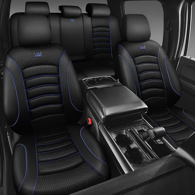 CAR PASS Comfortable 3D Foam Mesh Leather Car Seat Covers Full Sets, Air Cool Mesh Breathable Seat Covers for Car, Universal 5 Seats Fit for SUV Truck Sedan Automotive, Airbag Compatible,Black Blue