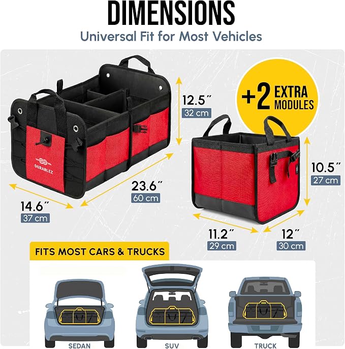 XL Trunk Organizer 4-Section Modular System – Extra Large Car Cargo Storage, Foldable Multi-Compartment Bin for Groceries, Gear & Travel – High-Density Structure – Red