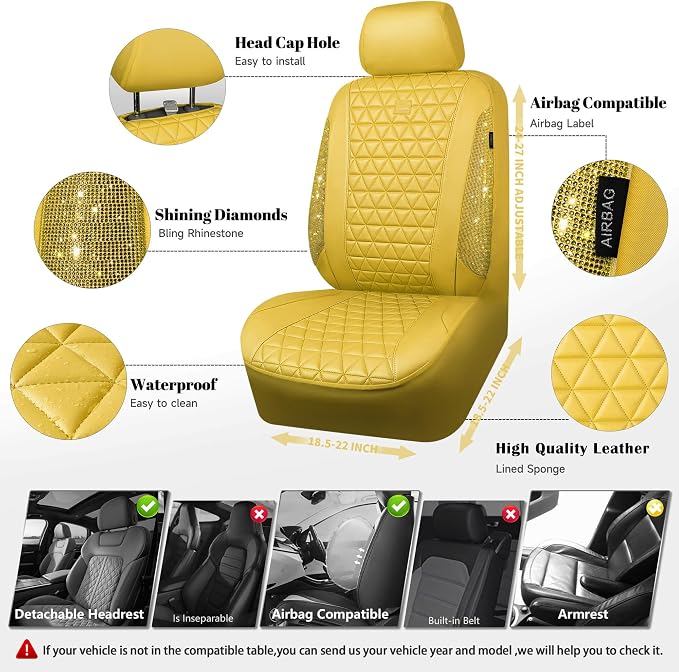 CAR PASS Yellow Bling Diamond Leather Car Seat Cover Full Sets,Waterproof Shining Glitter Sparkly Crystal Universal Fit for Automotive Truck SUV Cute Women Girl Airbag Compatable,All Yellow Rhinestone