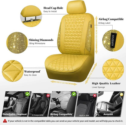 CAR PASS Yellow Bling Diamond Leather Car Seat Cover Full Sets,Waterproof Shining Glitter Sparkly Crystal Universal Fit for Automotive Truck SUV Cute Women Girl Airbag Compatable,All Yellow Rhinestone