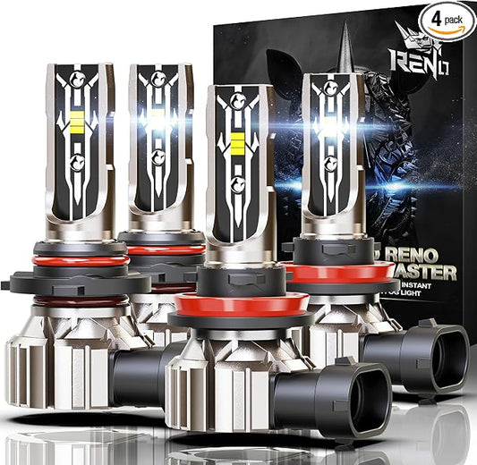 RENO 9005 H11 Bulb Combo, H11 9005 Fog Bulbs Fanless 6500K 800% Brighter 9005 H11 Light Bulbs Auxiliary Fog 52000LM Plug and Play, 4 Pack
