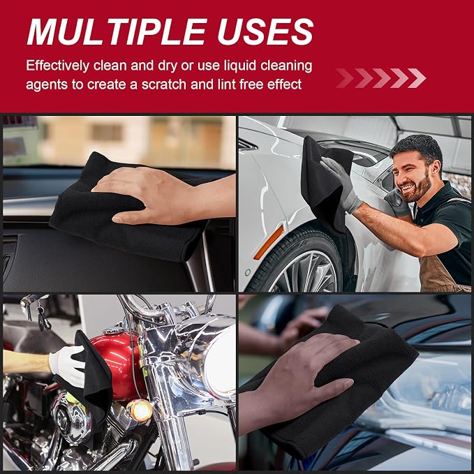 Oudain 200 Pcs Microfiber Cleaning Cloth 16x16 Inch Microfiber Towels for Car Ultra Absorbent Cleaning Rags Reusable Lint Free Streak Free Detailing Towel for Car Washing Drying Dusting (Black)