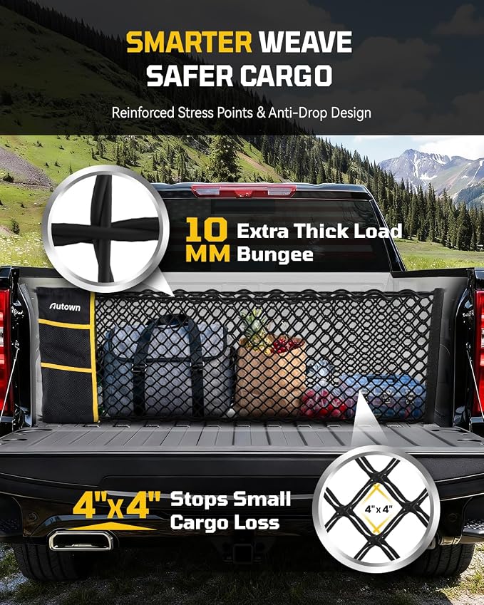AUTOWN Truck Bed Cargo Net, Envelope Bed Netting for 2013-2025 GMC Sierra & Chevy Silverado, Pickup Truck Bed Organizer with 5mm Bungee & Integrated Storage Bag & Bungee Balls & Carabiners - 18" x 50"