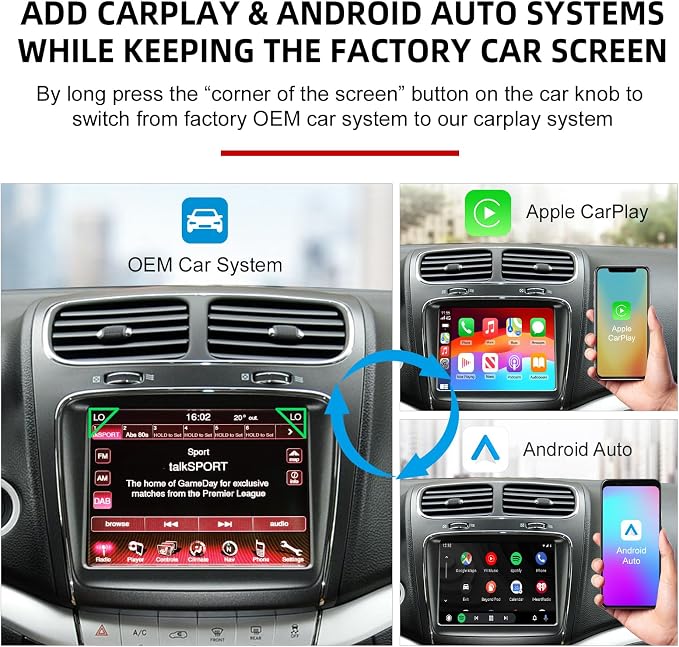 Wireless CarPlay Android Auto Adapter Decoder Retrofit Kit Fits 2012-2016 Dodge Fiat Chrysler Maserati with 8.4'' Screen, Support Voice Control/ AirPlay/ Mirror Link/ Camera/ USB Drive/ Navigation etc