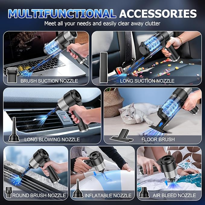JONYJ Handheld Car Vacuum Cleaner Cordless, 16000PA Hand Held Vacuum Portable, 2 in 1 Air Duster and Mini Vacuum Cleaner Rechargeable with LED, Multi-Nozzles & Washable Filters for Home Office Car Pet