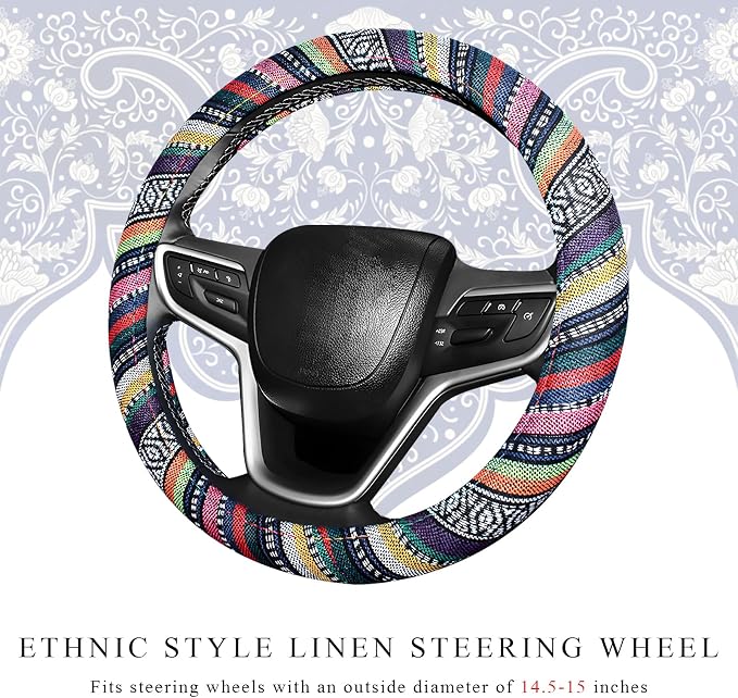 Boho Car Steering Wheel Cover, Ethnic Style Anti-Slip Coarse Flax Cloth Auto Wheel Cover, Bohemian Steering Wheel Protector for Most SUVs Vans Trucks, Car Accessories (Style B)