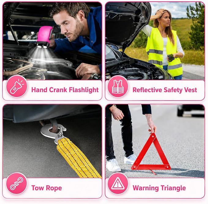 Roadside Car Emergency Kit for Vehicles, 12PCS Pink Car Safety Kit with Jumper Cables, Tool kit, Tow Strap, Road Trip Essentials, Survival Kit for Men, Women, New Driver Gifts