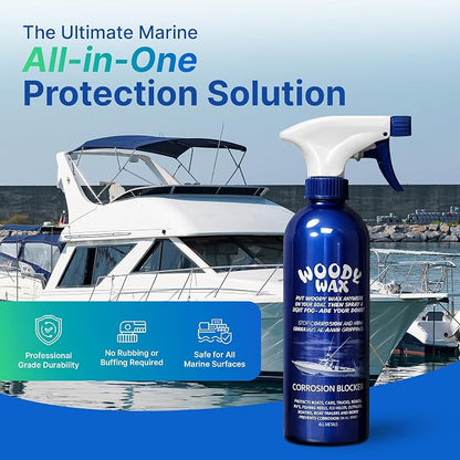 Woody Wax Boat Spray, Non-Skid Deck Wax & Professional Metal Restorer, All-In-One Marine Protection for Decks, Hulls & Towers, No-Buff Formula Against Corrosion, Saltwater & UV Damage, 16 Oz