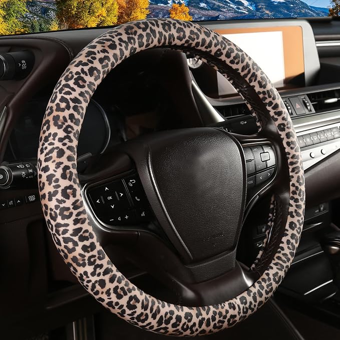 Leopard Print Steering Wheel Cover with Silicone Inner Ring, Non-Toxic, Odorless Silicone Leather with Non-Fading Cheetah Pattern for Men Women, Universal 14.5 to 15 Inch (Leopard Print)