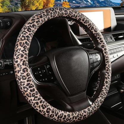 Leopard Print Steering Wheel Cover with Silicone Inner Ring, Non-Toxic, Odorless Silicone Leather with Non-Fading Cheetah Pattern for Men Women, Universal 14.5 to 15 Inch (Leopard Print)