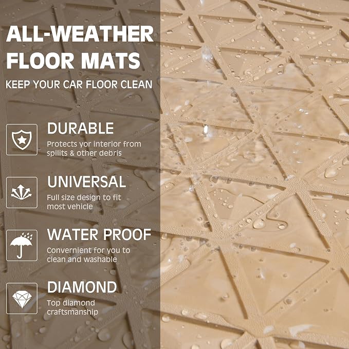 CAR PASS Bling Diamond Car Mats Rubber Floor Mats Full Set Anti-Slip 3D Rhombus Waterproof Trim to Fit Liner Universal Glitter Crystal Sparkly Shining Rhinestone Girl Women SUV Sedan Van, Beige Rubber