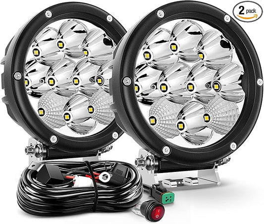 Nilight 5.7 Inch Round 50W LED Driving Light w/ 16AWG DT Connector Wiring Harness 6500LM IP68 Spot Flood Combo Work Lamp for Offroad ATV UTV SUV Motorcycle Truck Tractor Boat