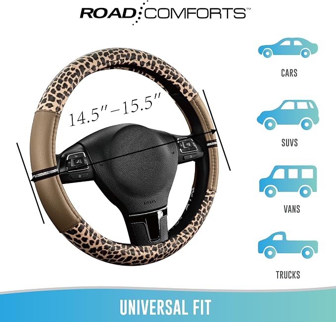 Road Comforts Leopard Steering Wheel Cover for Women, Cute Anti-Slip Microfiber Leather, Universal Fit 14.5-15 Inch Round Steering Wheel - Beige