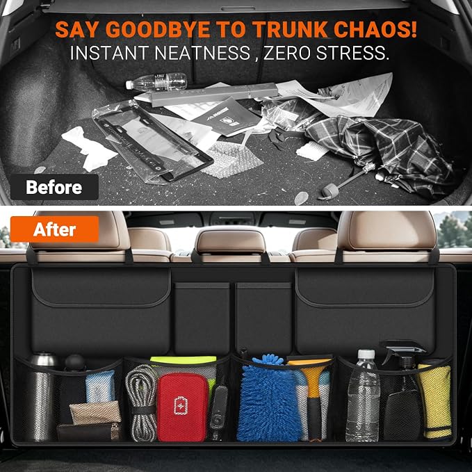 Car Trunk Organizer, Large Capacity Backseat Trunk Storage Organizer with 8 Pockets, Foldable SUV Cargo Organizer for SUV, Truck, Van & MPV, Black