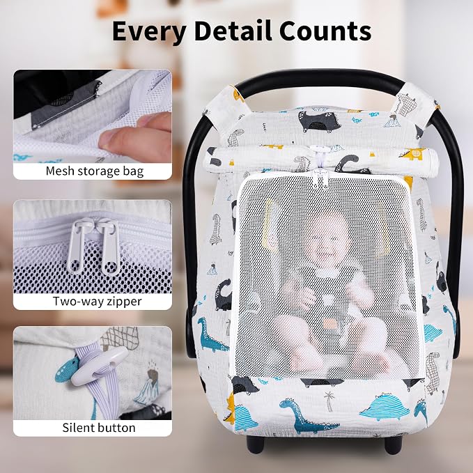 Rquite Car Seat Cover Baby, Carseat Covers Girl Boy, Breathable Muslin Cotton, Large Mesh Window, Infant Car Seat Canopy Baby Carrier Cover Stroller Sun Shade for Summer & Hot Day