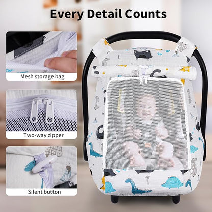 Rquite Car Seat Cover Baby, Carseat Covers Girl Boy, Breathable Muslin Cotton, Large Mesh Window, Infant Car Seat Canopy Baby Carrier Cover Stroller Sun Shade for Summer & Hot Day