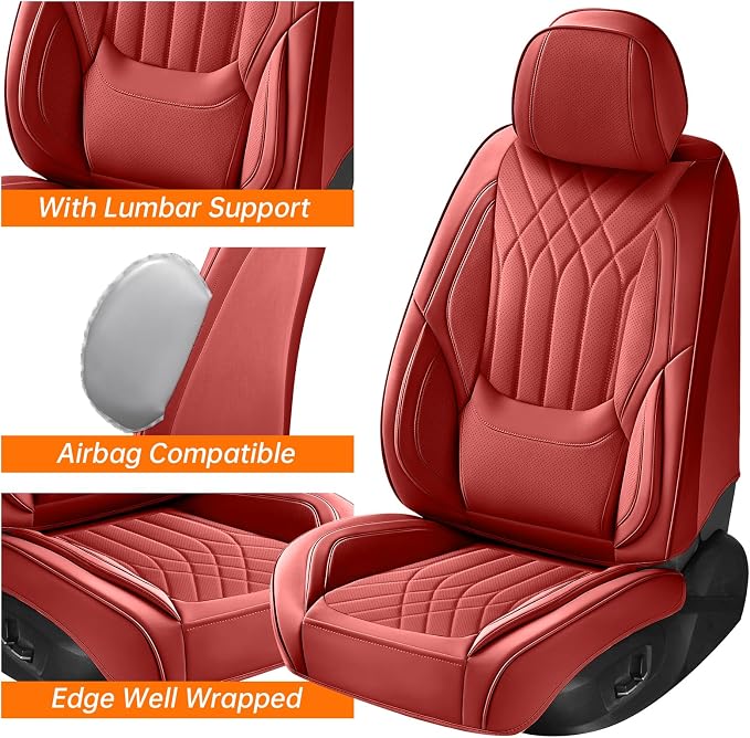 Burgundy Red Car Seat Covers Full Set, Luxury Faux Leather Red Seat Covers for Cars Front and Back Seats Protector, Waterproof Full Wrapped Covers Universal Fit for Most Cars Sedans SUVs