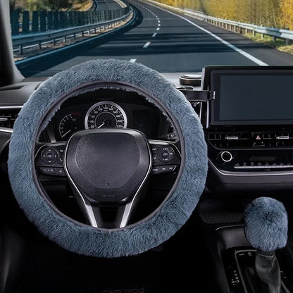 SEG Direct Furry Car Steering Wheel Cover with Fluffy Gear Shift Cover Soft Warm Non-Slip Car Decoration for Men Women Girls 2 PCS Set, Blue Gray
