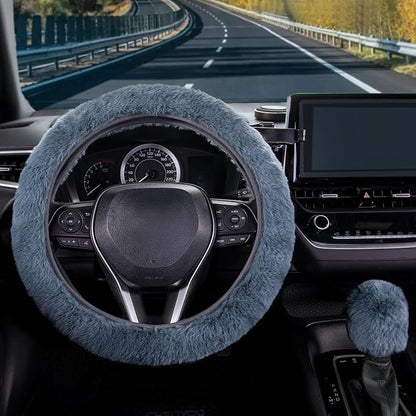 SEG Direct Furry Car Steering Wheel Cover with Fluffy Gear Shift Cover Soft Warm Non-Slip Car Decoration for Men Women Girls 2 PCS Set, Blue Gray