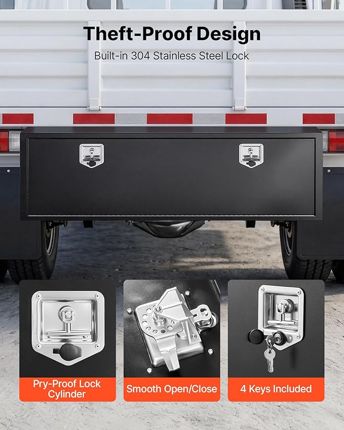 VEVOR Underbody Truck Tool Box, 60 x 18 x 18 Inch Heavy Duty Steel Trailer Storage Box with Lock & Keys, Waterproof Trailer Storage Organizer Under Body Chest with T-Handle for Truck, Van, SUV, Black