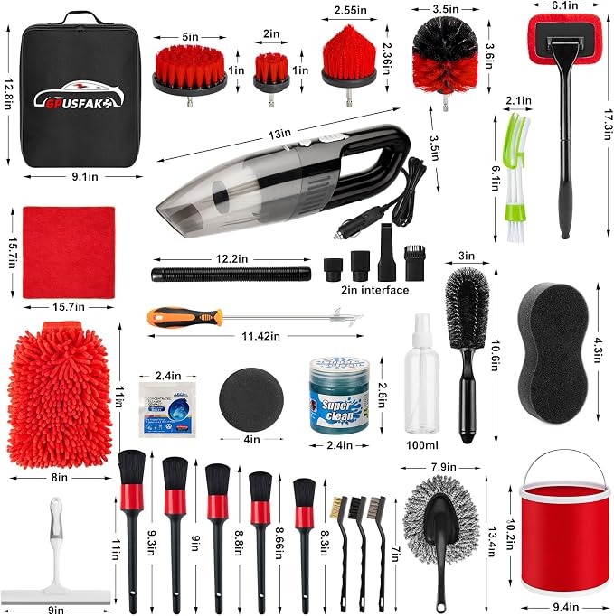 44Pcs Car Wash Cleaning Kit with Detailing Brushes Car Vacuum Drill Brush Set Collapsible Bucket Windshield Cleaning Tool Tire Brush Towels Complete Interior Exterior Detailing Set for Car