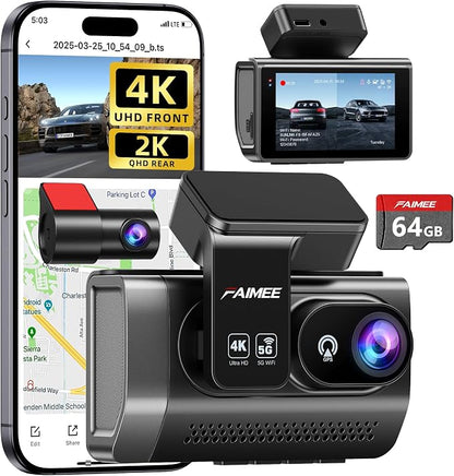 Dash Cam Front and Rear, 4K+2K Recording Dash Camera for Cars, Night Vision with WDR, 170° Wide Angle, 5.8G/2.4G Dual Wi-Fi, 64GB Card, Built-in GPS, G-Sensor Emergency Lock, 24H Parking Monitor