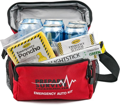 Emergency Auto Kit, 50 Year Shelf Life - Blue Can Water, Blanket, Poncho and Lightstick for Auto, Boat or RV