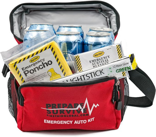 Emergency Auto Kit, 50 Year Shelf Life - Blue Can Water, Blanket, Poncho and Lightstick for Auto, Boat or RV