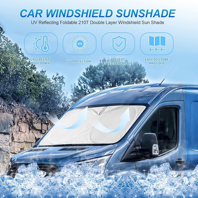 Sunshade for 2020 2021 2022 2023 2024 2025 2026 Transit Accessories Front Window Shades Cover Protector 210T Reflective Blocks UV Rays Keep Your Cars Interior Cool