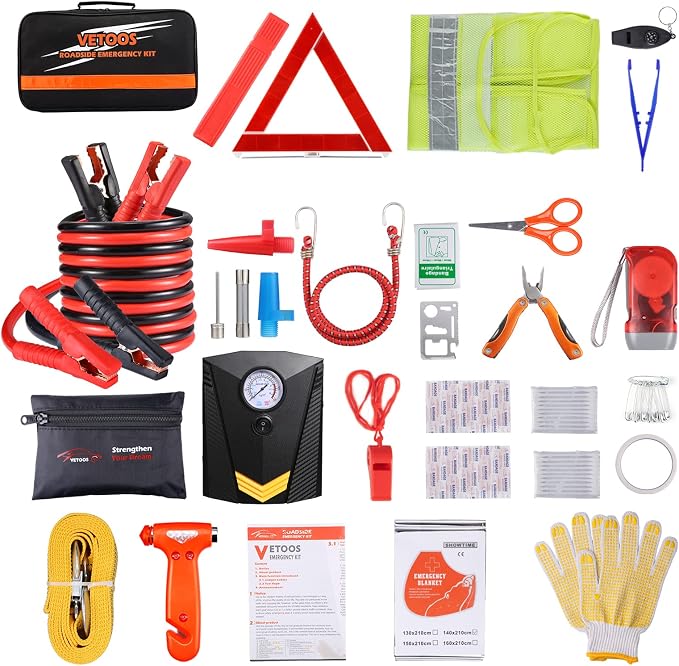 Vetoos Car Roadside Emergency Kit with Jumper Cables, Auto Vehicle Safety Road Side Assistance Kits, Winter Car Kit for Women and Men, with Portable Air Compressor, Tow Rope, Multitool Plier