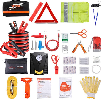 Vetoos Car Roadside Emergency Kit with Jumper Cables, Auto Vehicle Safety Road Side Assistance Kits, Winter Car Kit for Women and Men, with Portable Air Compressor, Tow Rope, Multitool Plier
