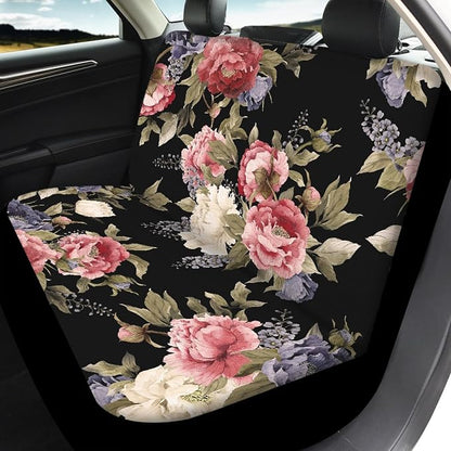 Dark Vintage Floral Print Car Seat Covers Full Set,Watercolor Flower Pattern with Peonies Vehicle Front Rear Bench Cushion Protectors Auto Interior Accessories Universal Fit for Trucks Sedans