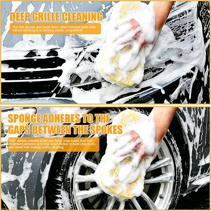 Car Wash Sponge 2 Pack - Large Plush Scratch-Free Cleaning Sponges, High Foam Long-Hair Microfiber Wash Sponge for Cars Trucks SUVs & Household Use