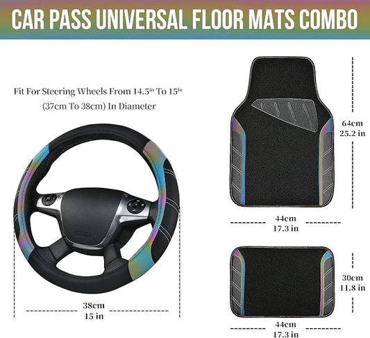 CAR PASS Leather Steering Wheel Cover and Waterproof Car Floor Mats,Microfiber Universal Car Combo Fit for 95% Sedan,SUV,Cars,14.5-15inch Sporty Anti-Slip Safety Comfortable Design(Black＆Reflective)