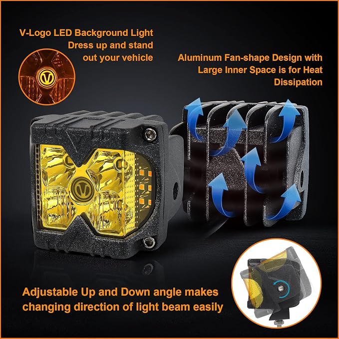 MOVOTOR Amber Side Shooter LED Pods Solid Strobe Lights for Truck ATV 4X4 | IP68 Waterproof,Combo Beam + Amber Side Shooter,Solid(DRL/Turn) & Strobe(Warning),Alum Housing,Fit Jeep/SUV/UTV